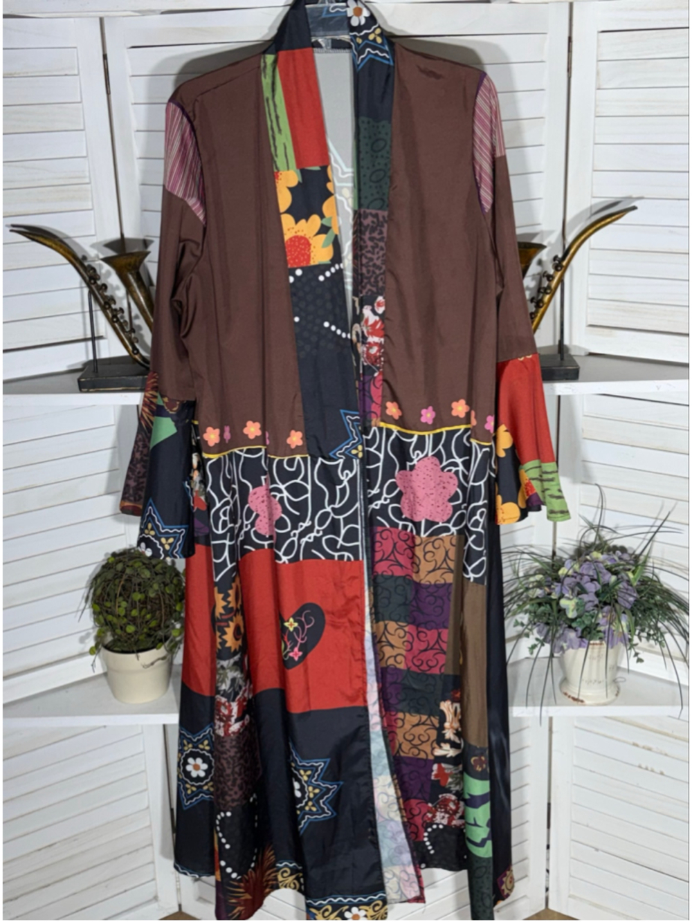 Retro patchwork kimono maxi dress duster 70s hippie boho whimsigoth cottage L